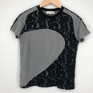 Carven Lace Appliqué Crewneck Shirt Womens Small Gray Black‎ Short Sleeve